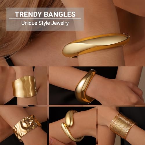 Chunky Gold Bangle Bracelets for Women, 14K Gold Plated Wide Cuff Stackable Bangles Set, Statement Large Cuff Bracelet Stack Jewelry Gifts for Women3