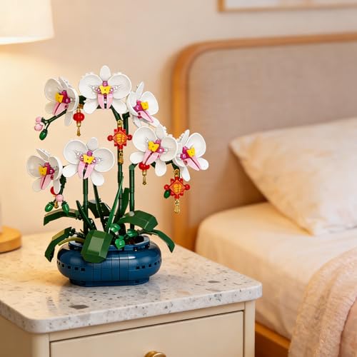 Image of White Orchids Building Blocks Set Compatible with Lego, Butterfly Bonsai Flowers Bouquet with Exquisite Vase Botanical Collection Decor, Artificial Plant Great Toy Gift for Adult, Teen(587PCS)