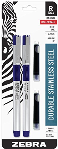 Zebra R-301 Stainless Steel Rollerball Pen, Fine Point, 0.7mm, Blue Ink, 2-Count