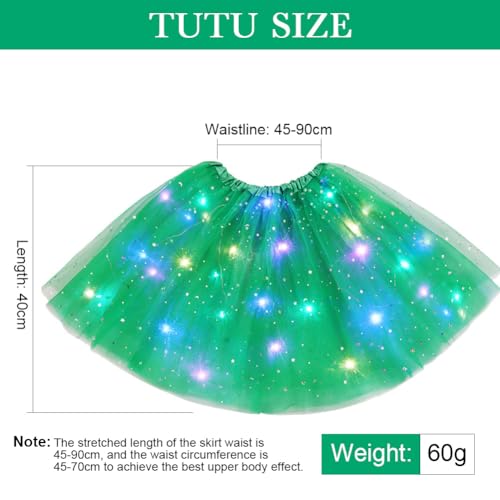 URAQT Tüllrock Damen LED Tütü Erwachsene, Tutu Rock LED, Minirock Mit LED Lichter für Fasching Karneval Motto Party Ballett Tanzen Fancy Dress Halloween Kostüm, 40CM(Grün)