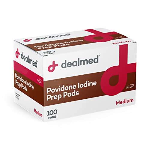 Dealmed Povidone Iodine Prep Pad 10% - Individually Sealed Packets Perfect for Wound Care and Portable First Aid Kits 100/Box (Pack of 1)