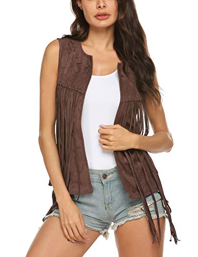 MAXMODA Gilet da Donna Cardigan in Nappa Gilet Hippie Senza Maniche Gilet Hippie con Frange S-XXL