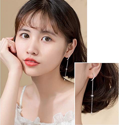 925 Sterling Silver Cz Stud Earrings For Women Girls Cubic Zirconia Asymmetrical Star Moon Tassel Chain Dangle Drop Studs Tragus Post Pin Long Earrings Hypoallergenic Crescent Jewelry (Silver) #TOP3