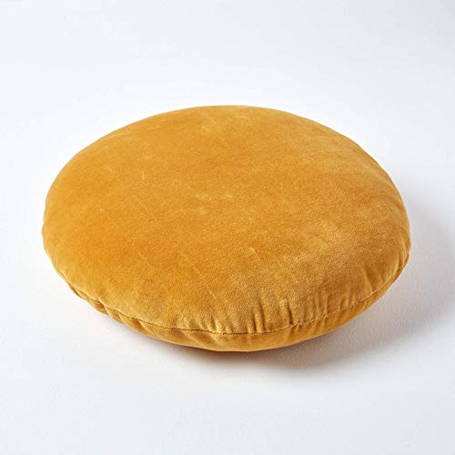 Homescapes Samt rundes Kissen 40 cm in Gelb aus 100% Baumwollsamt – ideal als kleines Sitzkissen, Bodenkissen, Sitzerhöhung, Sofakissen oder Auto Sitzkissen mit Kissenfüllung, Senfgelb