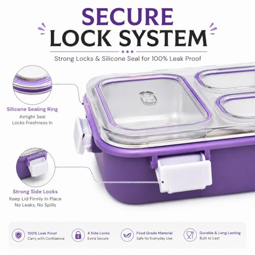Image of 950ML Stainless Steel Bento Lunch Box |3 Compartments, Leakproof Tiffin Box with Spoon & Fork for School | Office & Travel (Lavender Purple)
