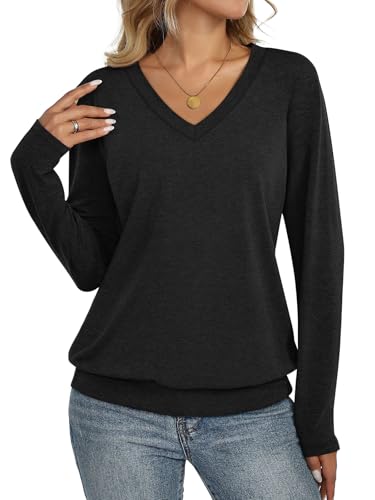 Womens V Neck Long Sleeve Shirts Banded Bottom Cute Loose Fit Tops Dressy Casual Outfits for Fall Spring