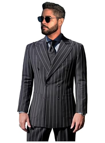 Pinstripe Suits for Men Double Breasted Tuxedo Regular Fit 2 Piece Blazer Pants Peak Lapel Suit Set for Wedding Prom