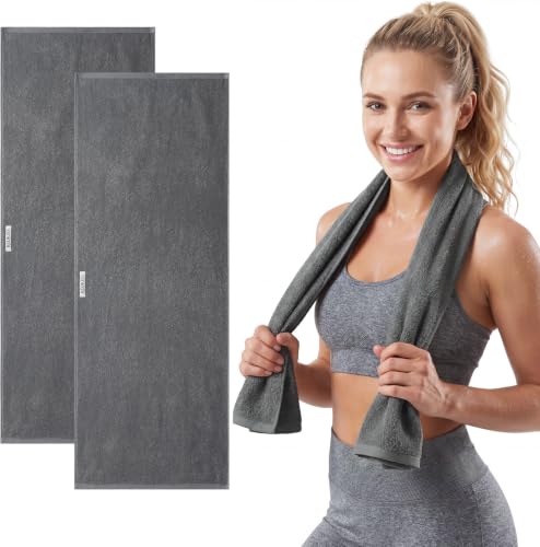 REDKISS 2 Pack Cotton Workout Towels 43 x 16 Super Absorbent Soft Gym Towels for Men & Women Large Sweat Sports Towel for Yoga Running Swimming Travel Camping - Dark Gray