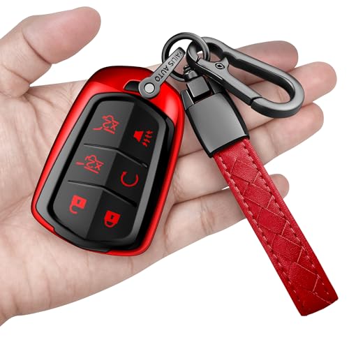 Sindeda for Cadillac Key Fob Cover with Keychain Soft Full Protection Key Shell Key Case Compatible with 2015-2019 Escalade CTS SRX XT5 ATS STS and CT6 Smart Key (Red 6 Buttons)