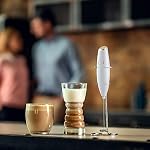 Fromère de lait blanc - Coffee Frother Handheld avec fouet électrique - 19000 rpm - Recettes de livres et support en acier inoxydable inclus - Mélangeur à main électrique (blanc et or)