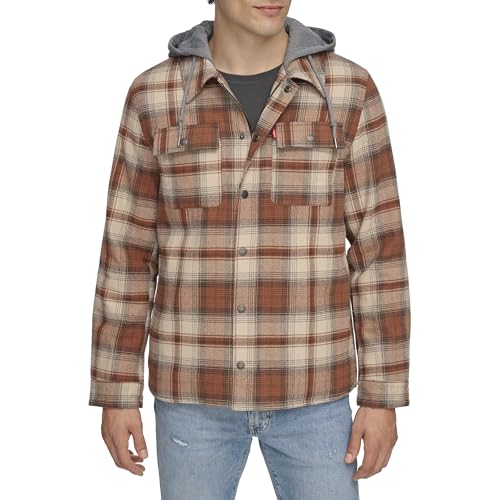 Image of Levi's mens Plaid Sherpa Lined Hooded Shirt Jacket (Regular & Big & Tall Sizes)