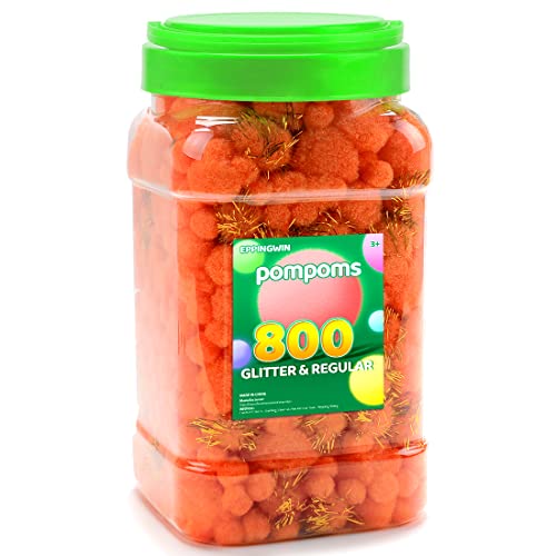 Eppingwin 800pcs Orange Pom Poms, Regular & Sparkly Pompoms, Assorted Size & Color Pom Poms, Glitter Pom Pom Balls for Arts, Crafts and DIY Projects(Orange)