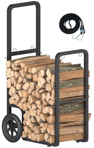 Ardier Easy-Assembly Firewood Cart Rolling Log Carrier for Outdoor & Indoor Use Wood Rack Storage Mover for Fireplace & Fire Pit Heavy-Duty Steel Log Dolly Hauler with Rubber Wheels Black