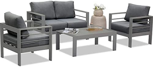 Solaste Outdoor Aluminum Furniture Set - 4 Pieces Patio Sectional Chat Sofa Conversation Set with Table,Grey