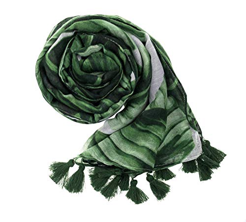 Stylesilove Womens Cozy Tassels Oblong Cotton Scarf Lightweight Shawls Wrap (Palm Leaf/Green) #TOP4