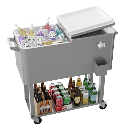 Patio Cooler Cart 80 Quart Outdoor Rolling Ice Chest Portable Beverage Bar with Bottom Storage Tray and Bottle Opener for Party BBQ Beach Activities