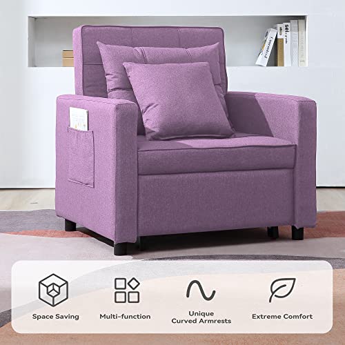 3-In-1 Chair Bed, Folding Sofa Bed With Adjustable Backrest, Pull Out Sleeper Chair Bed, Multi-Functional Single Armchair,Modern Linen Fabric Chair Bed (Linen Purple) #TOP6