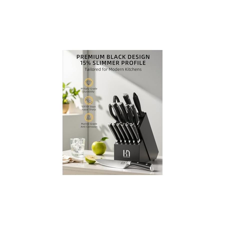 Knife Set 15 Pcs High Carbon Stainless Steel Kitchen Knife Sets with Block & Sharpener, Premium Razor-Sharp Black Knives Block Set for Kitchen, Ergonomic Full-Tang Handle