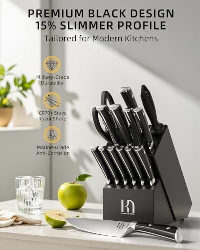 2025 Knife Set 15 Pcs Japanese High Carbon Stainless Steel Kitchen Knife Sets with Block & Sharpener, Premium Razor-Sharp Black Knives Block Set for Kitchen, Ergonomic Full-Tang Handle - Image 2