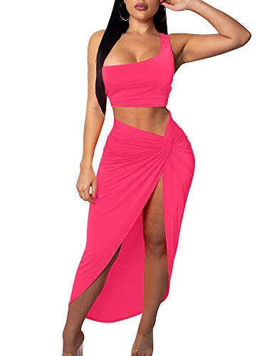 BEAGIMEG Women's Sexy One Shoulder Long Bodycon Slit Skirt 2 Pieces Dress Fluopink