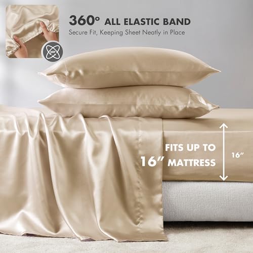 Image of Madison Park Essentials Satin Sheets Cal King Bed Set, 6 Pcs, Champagne | Luxury and Smooth Silky Bedding with Natural Sheen, All Around Elastic 14 inch Pocket fits up to 16 inch Mattress, Year-Round Cozy