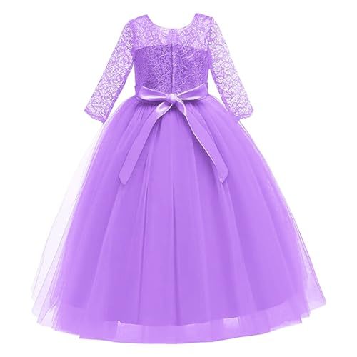 Girls Vintage Floral Lace Mesh 3/4 Sleeve Princess Dress Kids' Formal Gown for Weddings Parties and Birthdays with Bow Belt2