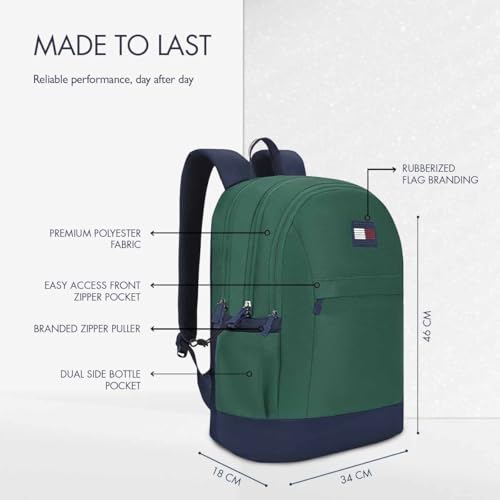 Image of Tommy Hilfiger Professional School Backpack Stud - Ornamental Green+Navy | Durable Water-Resistant Bag for Teens with Signature Metal Logo | 3 Compartments | Integrated Rain Cover | 30L Capacity