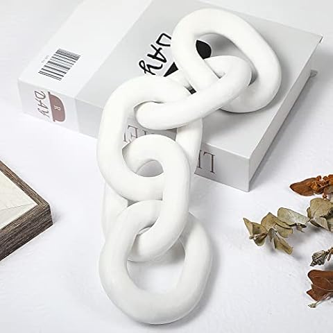 Queekay Decorative Wood Chain Link Decor Rustic Wood Link 5 Link Valentine's Day Wooden Chain Decor Link Ornament Farmhouse Home Decor Hand Carved Wood Crafts Ornaments for Coffee Table(White) Cover