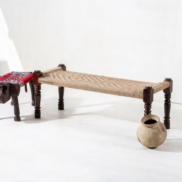 Image of Wooden Bench for Seating | Handcrafted Sheesham Wood Bench for Living Room, Balcony & Garden | Traditional Patio for Outdoor with Jute Handwoven Rope | Jute