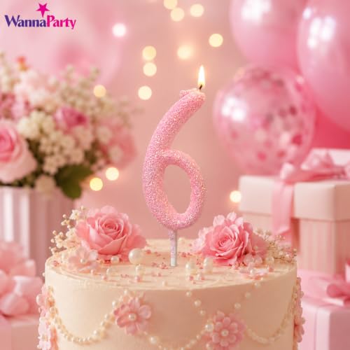 Image of Wanna Party Glitter Designer Pink Number 6 Birthday Candle, Numerical Cake Candle for 6th Birthday, Cake Cutting, Party Decoration & Celebration Supplies - 1PC