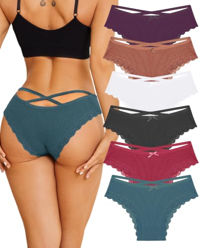 Image of Womens Cotton Underwear Sexy Lace Trim Bikini Ladies Cheeky Panties 6 Pack