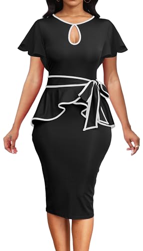 Image of Women's Vintage Bodycon Church Ruffle Sleeve Ruched Dresses Work Midi Pencil Dress