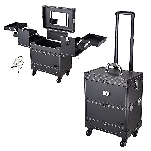 AW Black Rolling Makeup Train Case Artist Beauty Trolley Cosmetic Organizer Box Handle Mirror 4 360-degreed Wheels