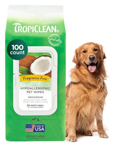 TropiClean Hypoallergenic Dog Wipes for Paws, Butt, Face and Body, Safe for Puppy, Puppy Essentials, Cleaning Deodorizing, Unscented, Cat Safe, 100ct