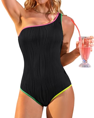 Charmo One Shoulder 1 Piece Swimsuit Women Slimming Bathing Suit Full Coverage Color Block Swim Suits 2026 Black M