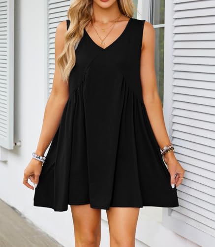 Womens Babydoll Dress Summer Sleeveless Mini Dress Casual Loose V Neck Swing Flowy Beach Sundresses with Pockets2