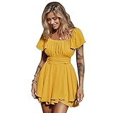 EXLURA Women's 2025 Summer Ruffle Short Sleeve Tie Back Romper Dress Square Neck A Line Cute Dressy Short Jumpsuits Ginger Yellow