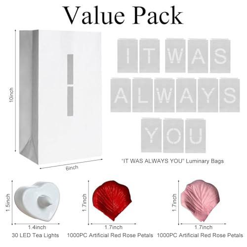Image of Valentines Day Decorations - It was Always You Light Up Letters Luminary Bags, Romantic Decorations Special Night with Bright LED Candles and Fake Rose Petals, Engagement Party & Proposal Decor kit
