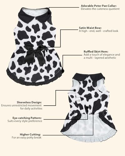 Image of CuteBone Cute Cow Print Pet Dress with Peter Pan Collar - Black & White Spot Pattern - Sleeveless Ruffled Skirt with Bow for Small Dogs, Cats - Adorable Daily & Play Wear