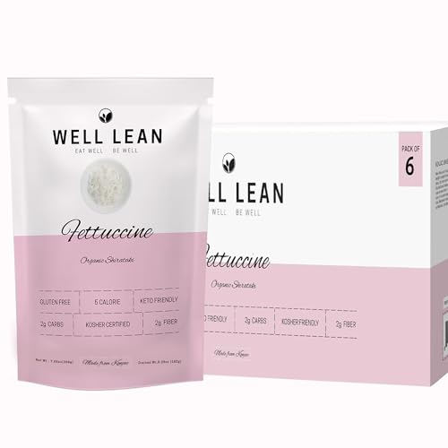 Organic Well Lean Fettuccine, 6 Pack, 9.52 oz, Premium Shirataki Konjac Pasta, Odor Free, Keto Friendly, Non Gmo, Ready to Eat, Low Calorie, Low Carb, Gluten Free, Soy Free, Vegan, Diet Food