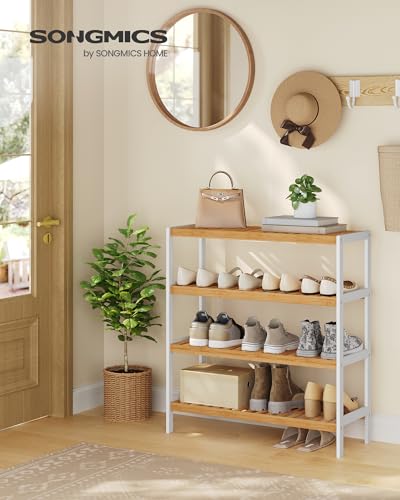 SONGMICS Schuhregal aus Bambus, Schuhablage mit 4 Ebenen, Schuh-Organizer, Regal für Schuhe, Pflanzen, Bücher, Flur, Wohnzimmer, Schlafzimmer, 26 x 70 x 75,5 cm, weiß-naturfarben LBS007KZ01