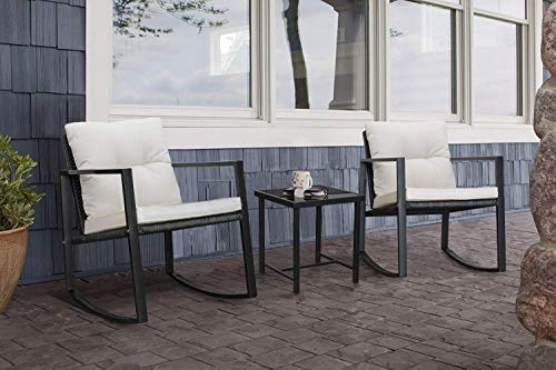Flamaker Patio Chairs 3 Piece Wicker Rocking Chair Outdoor Bistro Sets With Coffee Table And Cushions Metal Frame Patio Furniture For Porch, Balcony, Lawn (White) #TOP5