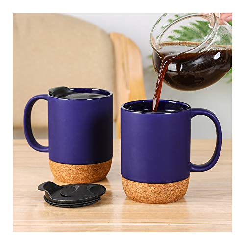 XJUNCUMU Insulated Coffee Mug Set of 2 13OZ Travel Coffee Mugs with Cork Bottom and Anti-Splash Lid Large-sized Ceramic Coffee Mugs for Women Men Blue