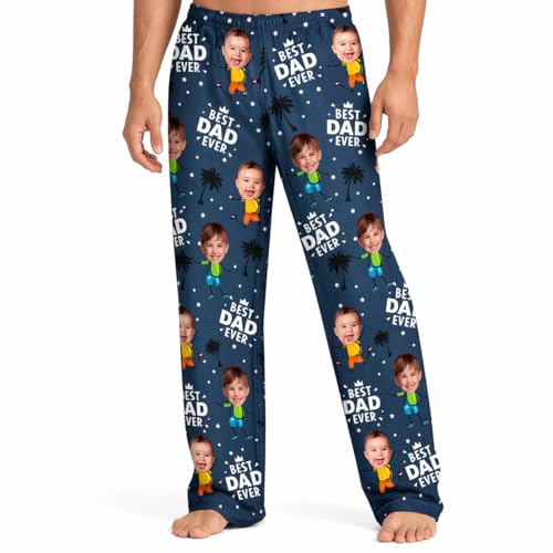 WANDER PRINTS Personalized Pajama Pants - Fathers Day Loungewear Custom Face Sleepwear Bottoms Funny Family Matching Outfit Cozy Nightwear for Dad Grandpa - Custom Photo Best Dad Grandpa Ever
