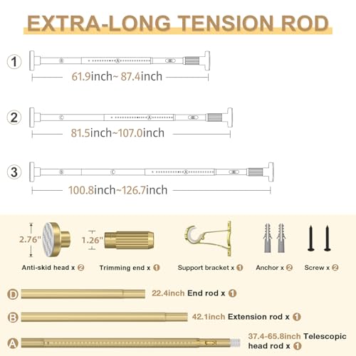 Image of Gold Tension Curtain Rod 41-126In(4-10Ft), Long Outdoor Curtain Rod No Drilling for Window or Patio, Heavy Duty Shower Rod for Bathroom,Rod Diameter 1.26In-One-bond stretching