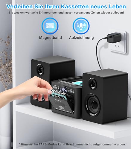 Greadio Stereoanlage mit CD Player und Kassettenrekorder, 40-W-Lautsprecher mit Bluetooth 5.1, Kassettenspieler mit FM Radio/USB/TF/AUX/Fernbedienung, HiFi Musikanlage (Schwarz)