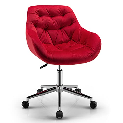 Giantex Velvet Leisure Armchair, Height-Adjustable Home Office Swivel Chair W/Rolling Casters, Ergonomic Mid Back Accent Chair W/Upholstered Seat & Tufted Surface For Bedroom, Vanity, Study (Red) #TOP22