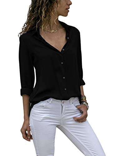 HenzWorld Camisa de Gasa con Solapa para Mujer Blusa Informal Holgada Lisa Blusa para Mujer Camiseta Negra de Manga Larga con Botones Talla XL Cover
