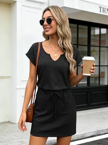 Image of SAUKOLE Women Summer T Shirt Dress Casual Short Sleeve V Neck Dress with Pockets Drawstring Waist Short Dresses