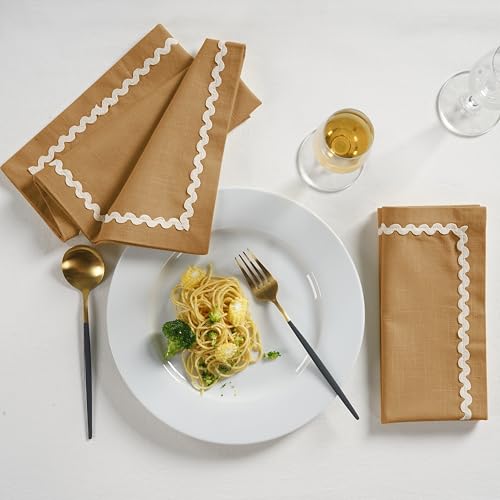 Image of FINGERCRAFT Cloth Napkins Set of 6, 18x18 Inch, 100% Cotton Table Napkins with RIC Rac Scallop Lace Trim, Reusable Washable Dinner Napkins for Wedding, Party, Dining & Home Decor (Brown)